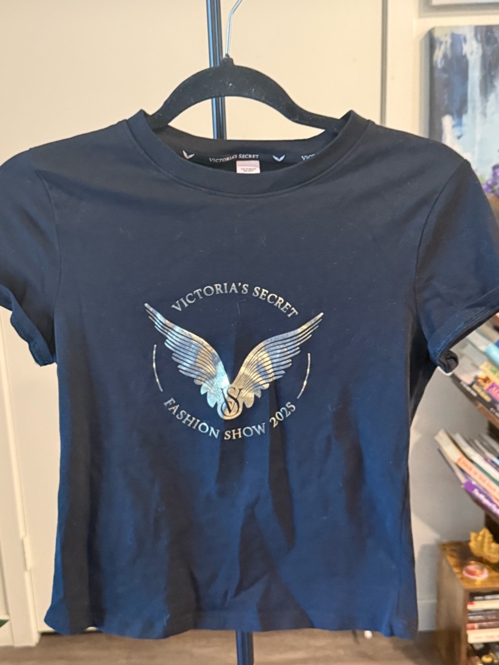 Victoria's Secret Black Short-Sleeve Tee with Iridescent Wing Graphic